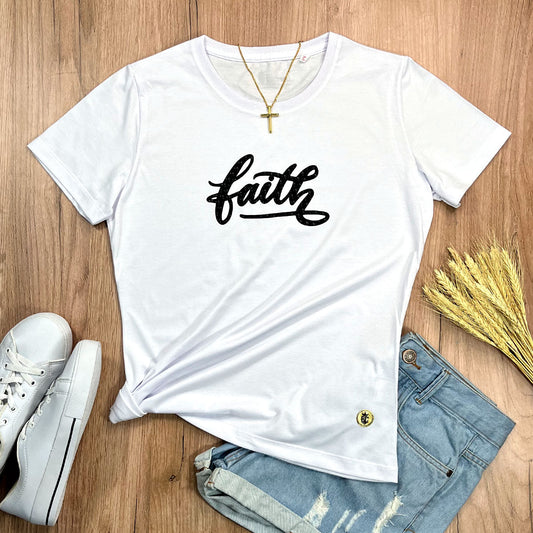 Camiseta Feminina Branca Aplique Faith
