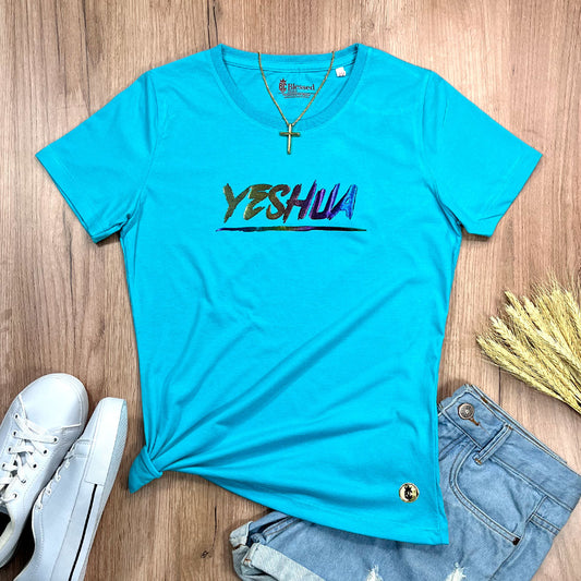 Camiseta Feminina Turquesa Aplique Camaleão Yeshua
